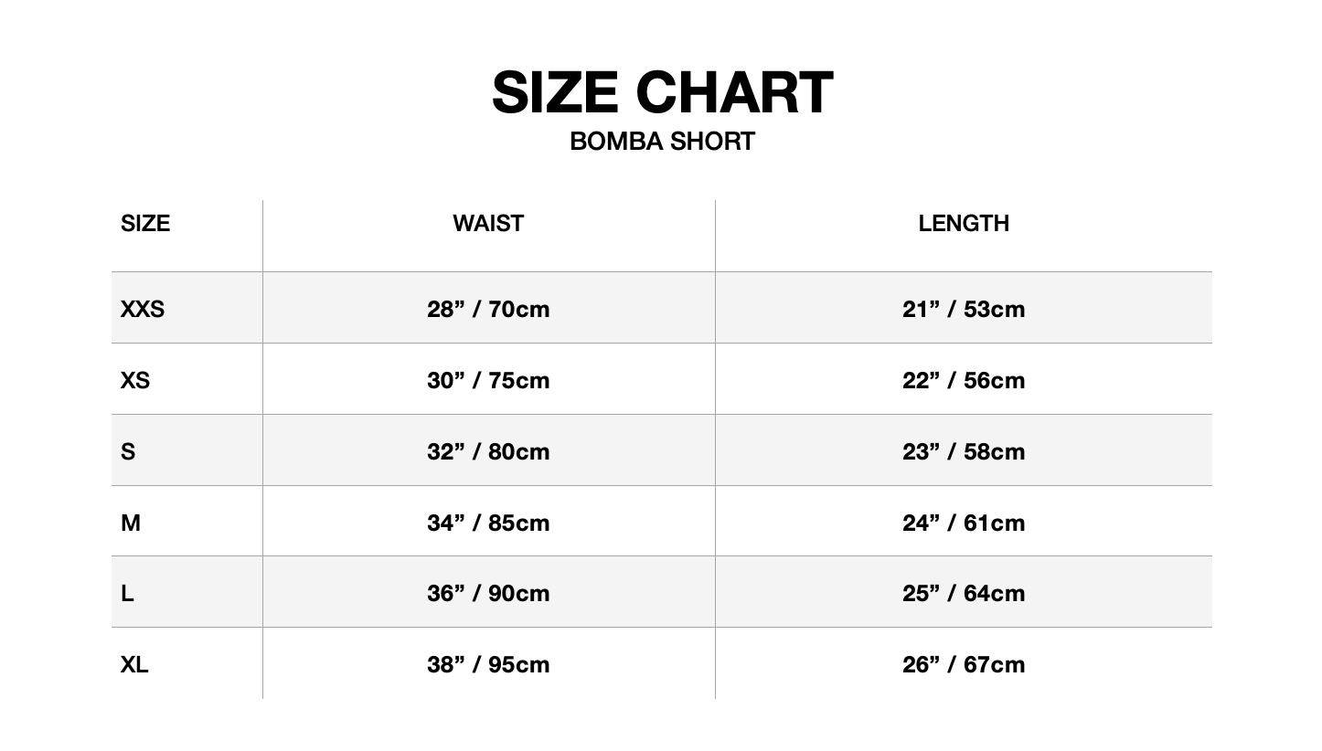 Size chart for shorts